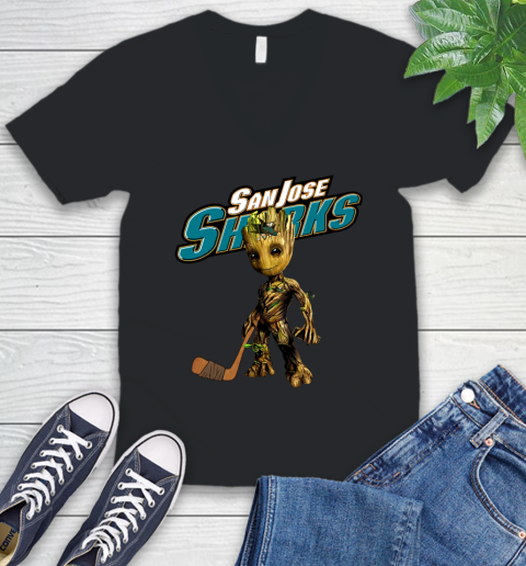 San Jose Sharks NHL Hockey Groot Marvel Guardians Of The Galaxy V-Neck T-Shirt 2