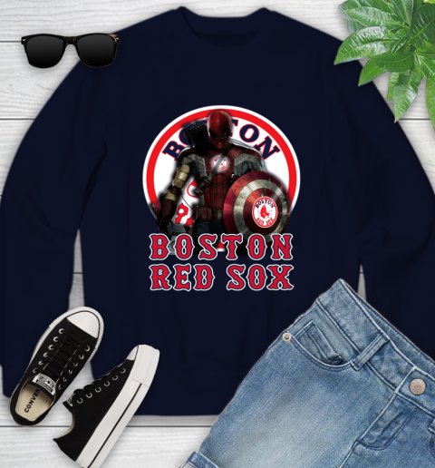 MLB Captain America Thor Spider Man Hawkeye Avengers Endgame Baseball Boston Red Sox Youth Sweatshirt 3