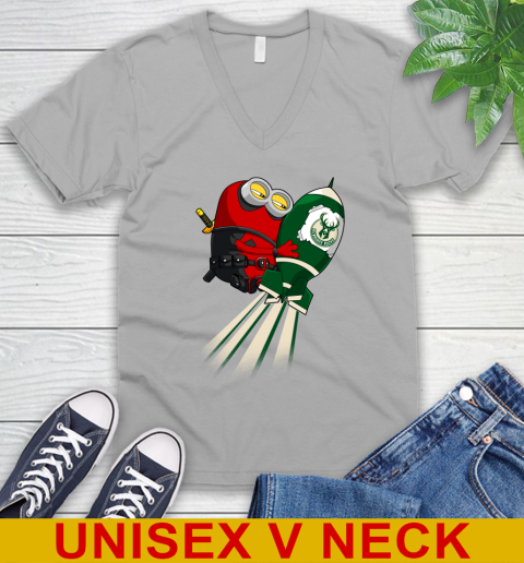 NBA Basketball Milwaukee Bucks Deadpool Minion Marvel Shirt V-Neck T-Shirt 4 NBA Basketball Milwaukee Bucks Deadpool Minion Marvel Shirt V-Neck T-Shirt - Image 4