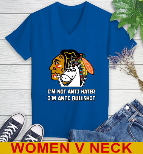 Chicago Blackhawks NHL Hockey Unicorn I'm Not Anti Hater I'm Anti Bullshit Women's V-Neck T-Shirt 11