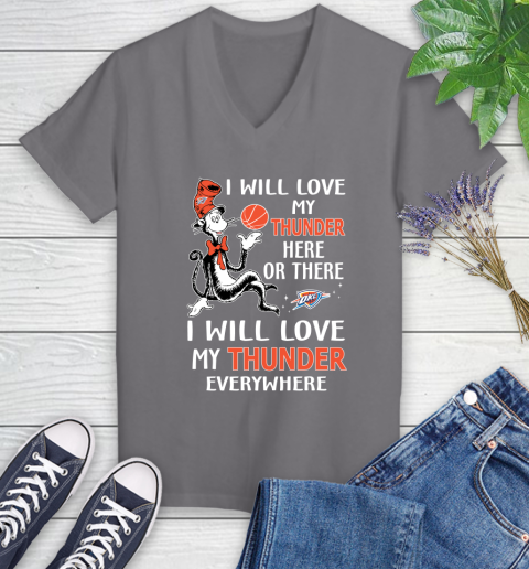 NBA Basketball Oklahoma City Thunder I Will Love My Thunder Everywhere Dr Seuss Shirt Women's V-Neck T-Shirt 9