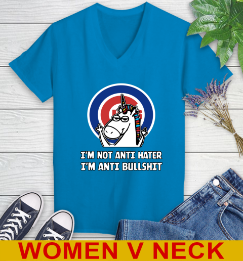 Chicago Cubs MLB Baseball Unicorn I'm Not Anti Hater I'm Anti Bullshit Women's V-Neck T-Shirt 8
