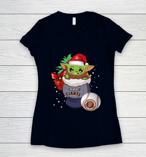 San Francisco Giants Christmas Baby Yoda Star Wars Funny Happy MLB Women's V-Neck T-Shirt 3