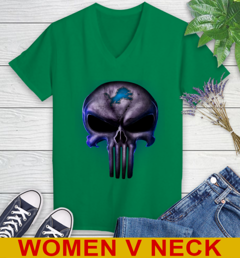 Detroit Lions NFL Football Punisher Skull Sports Women's V-Neck T-Shirt 5