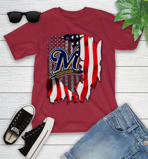 Milwaukee Brewers MLB Baseball American Flag Youth T-Shirt 14