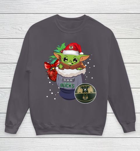 Milwaukee Bucks Christmas Baby Yoda Star Wars Funny Happy NBA Youth Sweatshirt 6