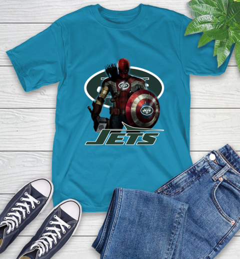 NFL Captain America Thor Spider Man Hawkeye Avengers Endgame Football New York Jets T-Shirt 8
