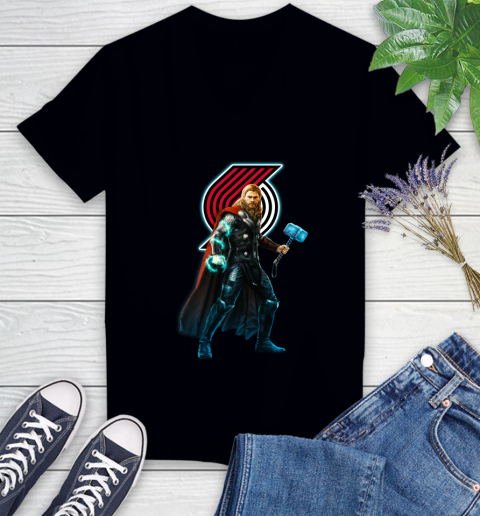 NBA Thor Avengers Endgame Basketball Portland Trail Blazers Women's V-Neck T-Shirt 2