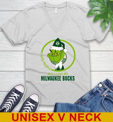 Milwaukee Bucks NBA Christmas Grinch I Hate People But I Love My Favorite Basketball Team V-Neck T-Shirt