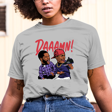 Air Jordan 5 Raptor Matching Sneaker Shirt Damn Meme Black Ember Glow and Fierce Purple Sneaker Black Tshirt