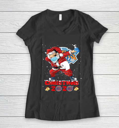 New York Knicks Funny Santa Claus Dabbing Christmas 2020 NBA Women's V-Neck T-Shirt 6
