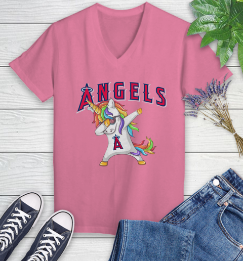 Los Angeles Angels MLB Baseball Funny Unicorn Dabbing Sports Women's V-Neck T-Shirt 13