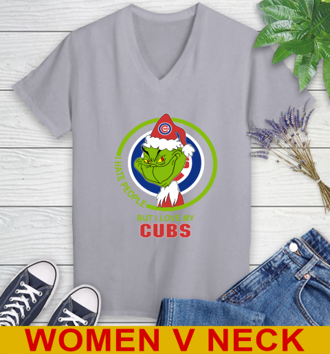 Chicago Cubs MLB Christmas Grinch I Hate People But I Love My Favorite Baseball Team Women's V-Neck T-Shirt 5