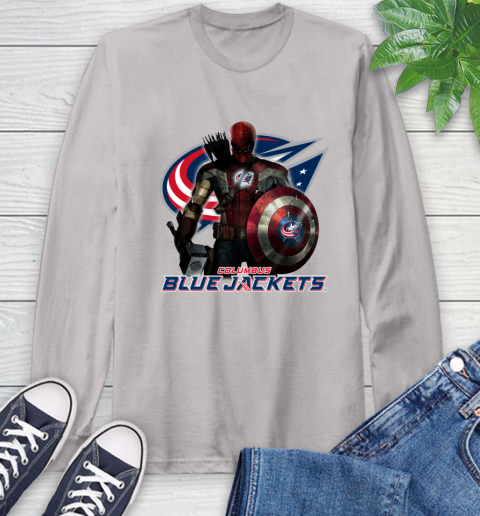 NHL Captain America Thor Spider Man Hawkeye Avengers Endgame Hockey Columbus Blue Jackets Long Sleeve T-Shirt 12