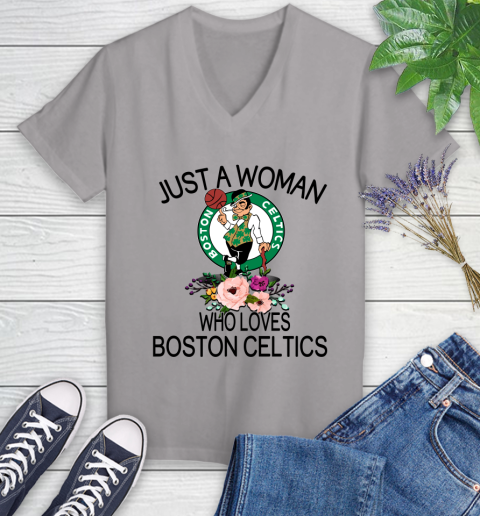 NBA Just A Woman Who Loves Boston Celtics Basketball Sports Women's V-Neck T-Shirt 2