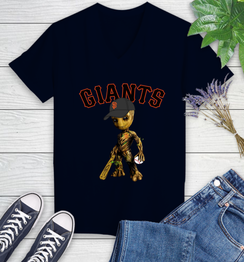 MLB San Francisco Giants Groot Guardians Of The Galaxy Baseball Women's V-Neck T-Shirt 3