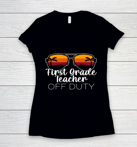 1st Grade Teacher Off Duty Sunglasses Beach Sunset Women's V-Neck T-Shirt
