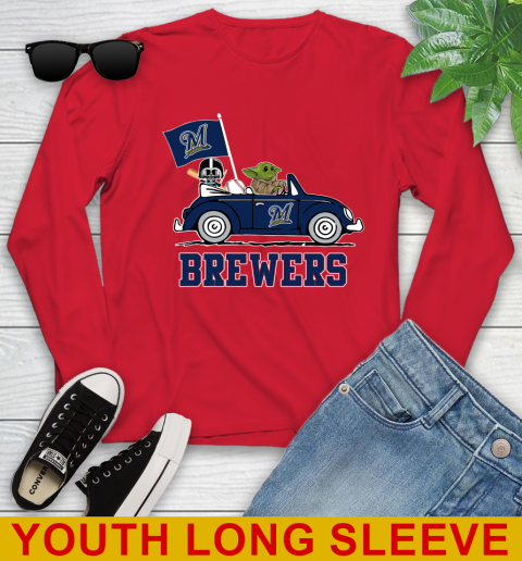 MLB Baseball Milwaukee Brewers Darth Vader Baby Yoda Driving Star Wars Shirt Youth Long Sleeve 11
