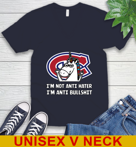 Montreal Canadiens NHL Hockey Unicorn I'm Not Anti Hater I'm Anti Bullshit V-Neck T-Shirt 3