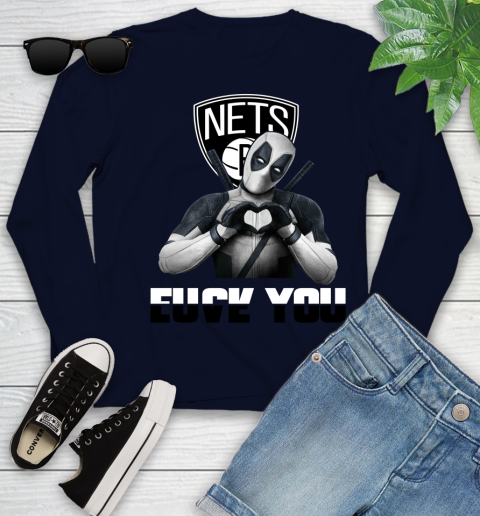 NBA Brooklyn Nets Deadpool Love You Fuck You Basketball Sports Youth Long Sleeve 2