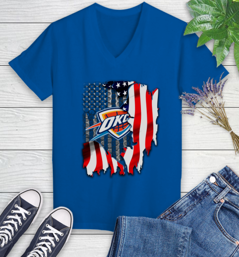 Oklahoma City Thunder NBA Basketball American Flag Women's V-Neck T-Shirt 10