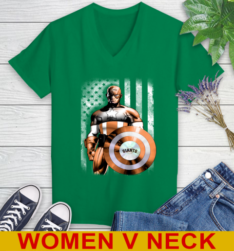 San Francisco Giants MLB Baseball Captain America Marvel Avengers American Flag Shirt Women's V-Neck T-Shirt 5