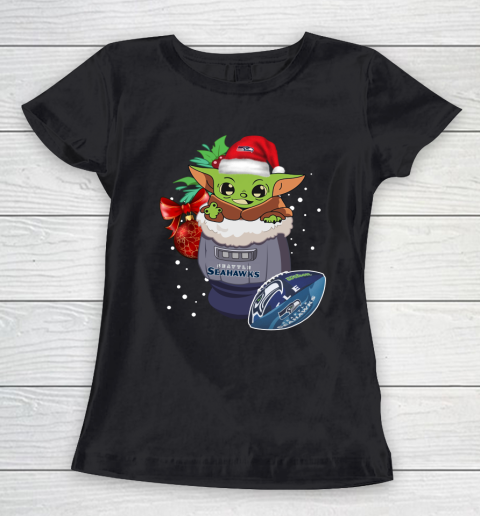 Seattle Seahawks Christmas Baby Yoda Star Wars Funny Happy NFL Women's T-Shirt 2