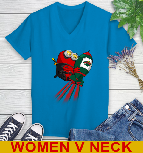NHL Hockey Minnesota Wild Deadpool Minion Marvel Shirt Women's V-Neck T-Shirt 7