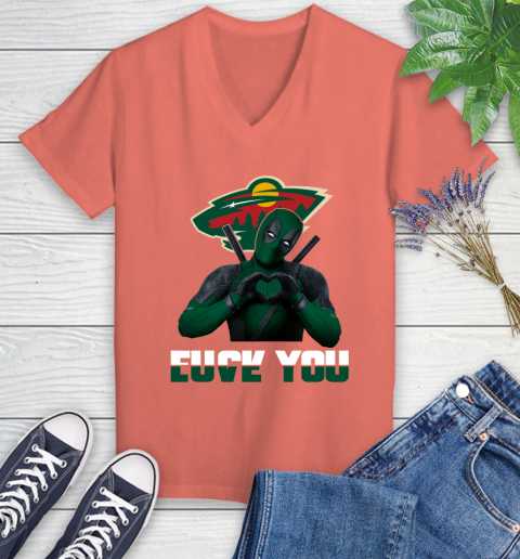 NHL Minnesota Wild Deadpool Love You Fuck You Hockey Sports Women's V-Neck T-Shirt 6