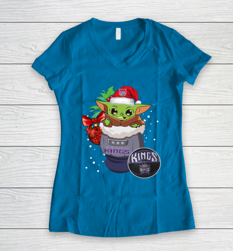 Sacramento Kings Christmas Baby Yoda Star Wars Funny Happy NBA Women's V-Neck T-Shirt 7