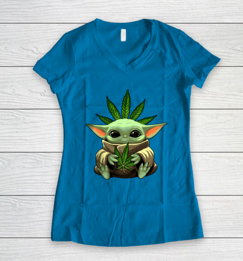Baby Yoda Hug Marijuana Canabis Women's V-Neck T-Shirt 7