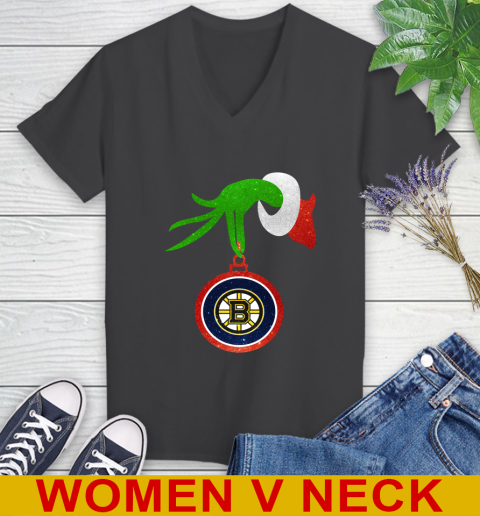 Boston Bruins Grinch Merry Christmas NHL Hockey Women's V-Neck T-Shirt 9