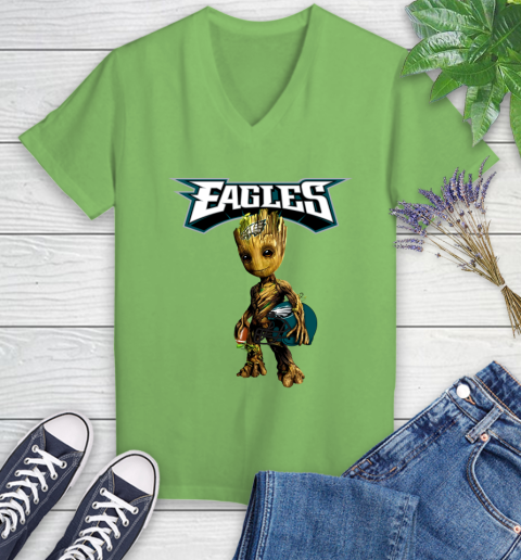 Philadelphia Eagles NFL Football Groot Marvel Guardians Of The Galaxy Women's V-Neck T-Shirt 11