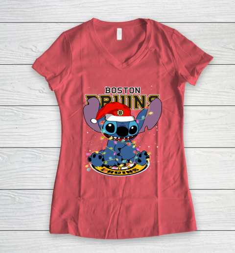 Boston Bruins NHL Hockey noel stitch Christmas Women's V-Neck T-Shirt 3