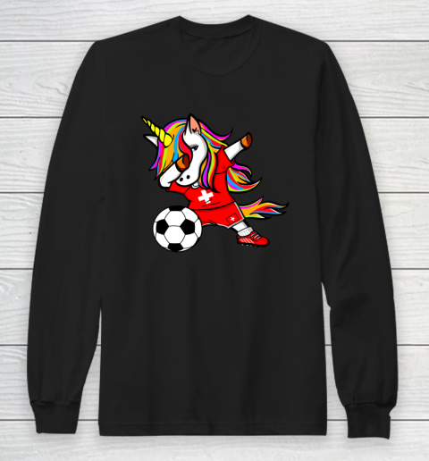 Dabbing Unicorn Switzerland Football Swiss Flag Soccer Long Sleeve T-Shirt