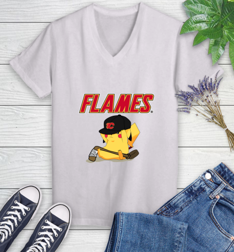 NHL Pikachu Hockey Sports Calgary Flames Women's V-Neck T-Shirt