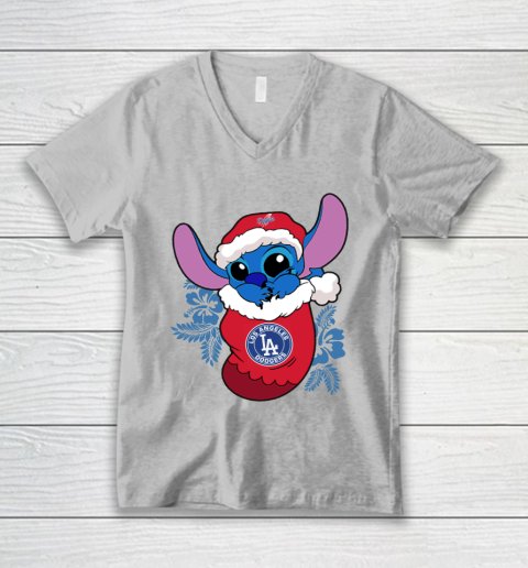 Los Angeles Dodgers Christmas Stitch In The Sock Funny Disney MLB V-Neck T-Shirt 4