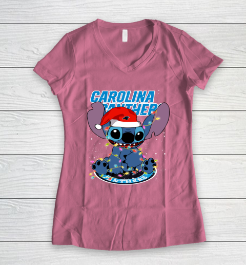 Carolina Panthers NFL Football noel stitch Christmas Women's V-Neck T-Shirt 7