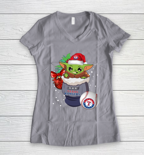 Texas Rangers Christmas Baby Yoda Star Wars Funny Happy MLB Women's V-Neck T-Shirt 4