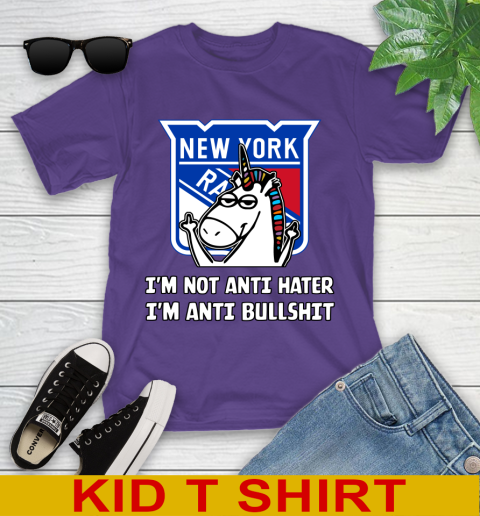 New York Rangers NHL Hockey Unicorn I'm Not Anti Hater I'm Anti Bullshit Youth T-Shirt 4