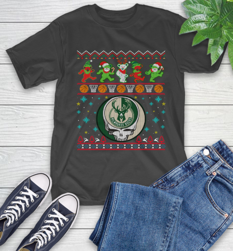 Christmas Ugly NBA Milwaukee Bucks Grateful Dead Rock Band Skull Basketball Sports T-Shirt