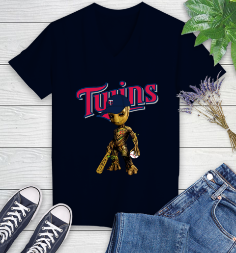 MLB Minnesota Twins Groot Guardians Of The Galaxy Baseball Women's V-Neck T-Shirt 3