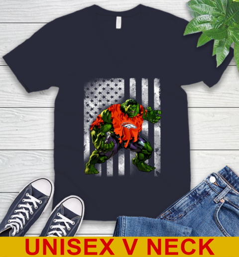 Denver Broncos Hulk Marvel Avengers NFL Football American Flag V-Neck T-Shirt 2