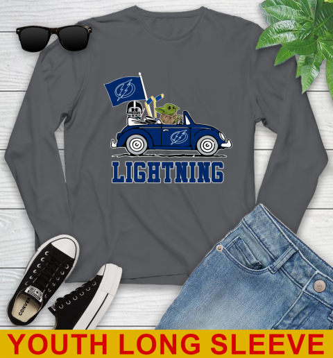 NHL Hockey Tampa Bay Lightning Darth Vader Baby Yoda Driving Star Wars Shirt Youth Long Sleeve 9