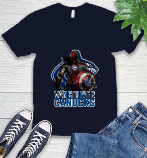 NHL Captain America Thor Spider Man Hawkeye Avengers Endgame Hockey Vancouver Canucks V-Neck T-Shirt 3