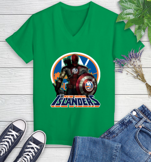 NHL Captain America Thor Spider Man Hawkeye Avengers Endgame Hockey New York Islanders Women's V-Neck T-Shirt 5
