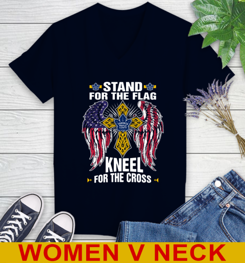 NHL Hockey Toronto Maple Leafs Stand For Flag Kneel For The Cross Shirt Women's V-Neck T-Shirt 2