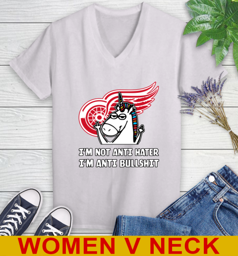Detroit Red Wings NHL Hockey Unicorn I'm Not Anti Hater I'm Anti Bullshit Women's V-Neck T-Shirt