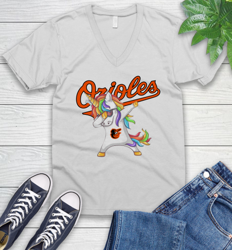 Baltimore Orioles MLB Baseball Funny Unicorn Dabbing Sports V-Neck T-Shirt
