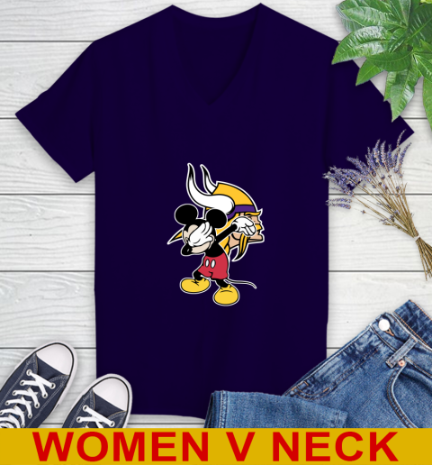 Minnesota Vikings NFL Football Dabbing Mickey Disney Sports Women's V-Neck T-Shirt 4